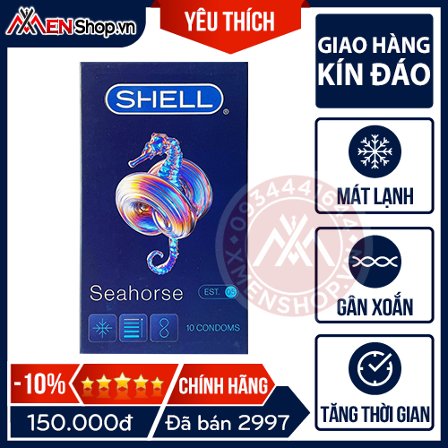 Bao Cao Su Hàn Quốc Shell Seahorse - Kéo Dài Thời Gian, Gân Xoắn, Bạc Hà Mát Lạnh - 10 Chiếc