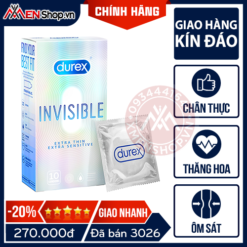 Bao Cao Su Durex Invisible Extra Thin, Extra Sensitive - Siêu Mỏng, Siêu Mềm Mại - 10 Chiếc