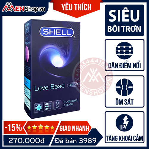 Bao Cao Su Hàn Quốc Shell Love Bead - Kéo Dài Thời Gian, Gân Nổi, Bi Lớn 1.5cm Tăng Khoái Cảm - 5 chiếc